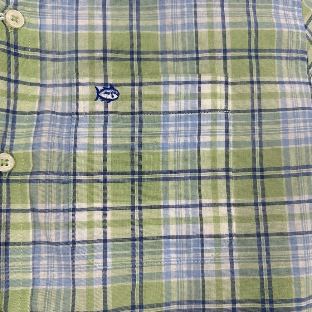 SOUTHERN TIDE Boy’s Surfscoter Blue and Green Plaid Sport Button Down Sz L